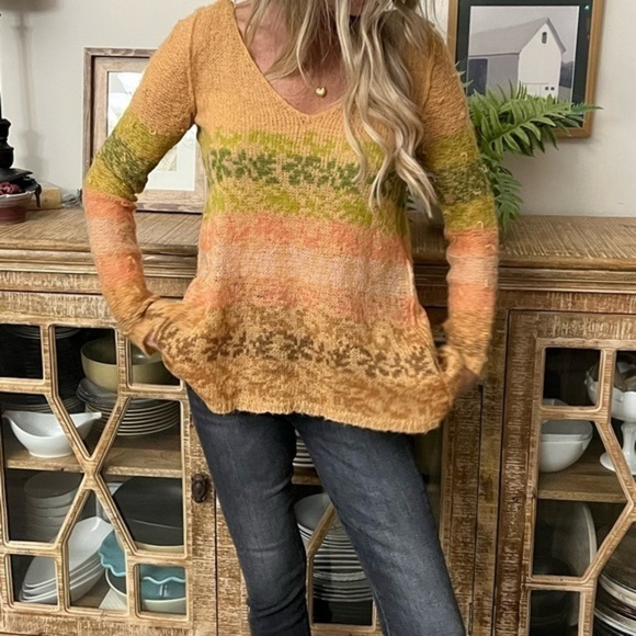 Free People A Line Lightweight Sweater in peach, brown pink and green pattern - Picture 6 of 7